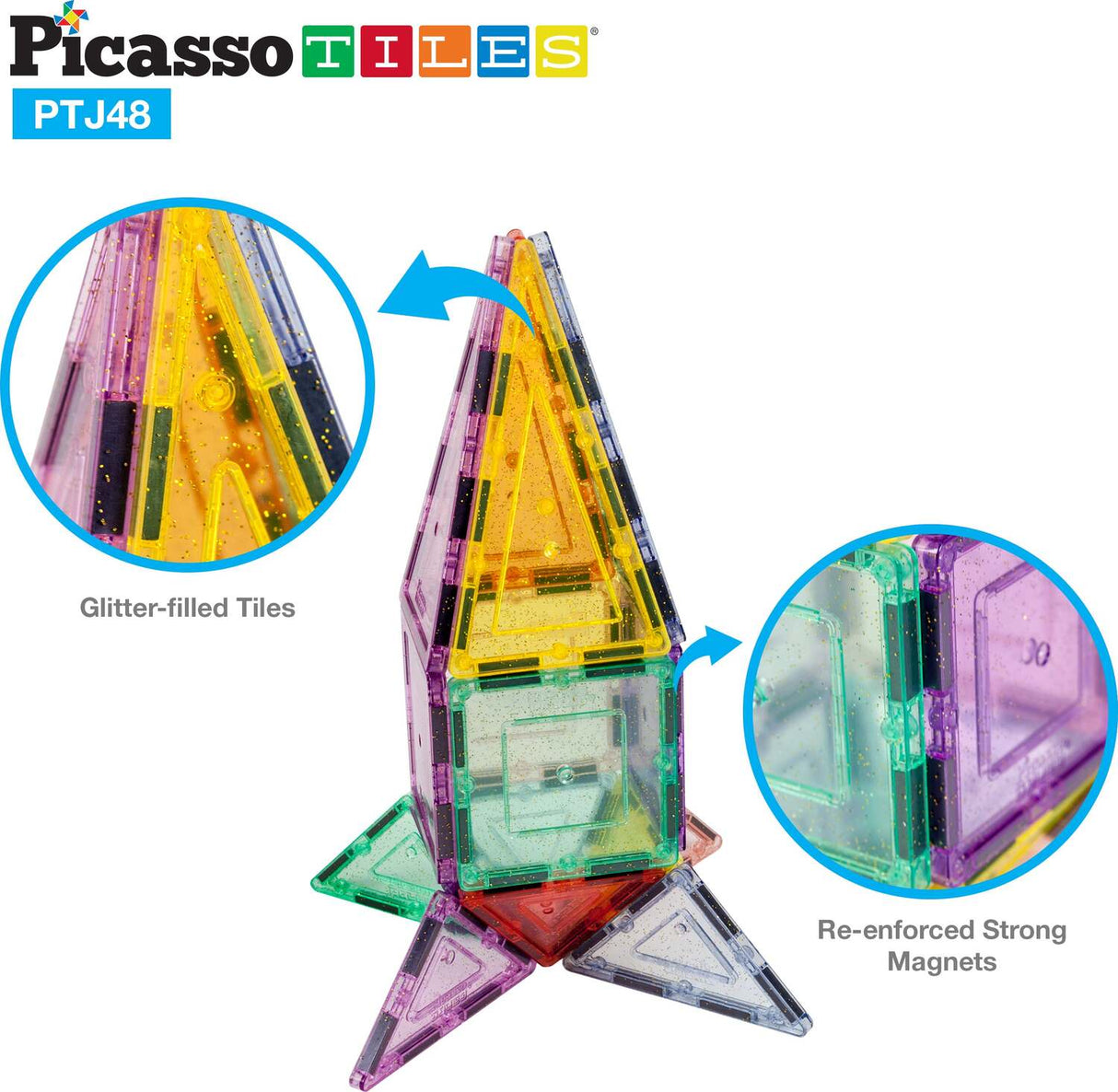 PicassoTiles Magnetic Tiles Building Set with Glitter Tiles