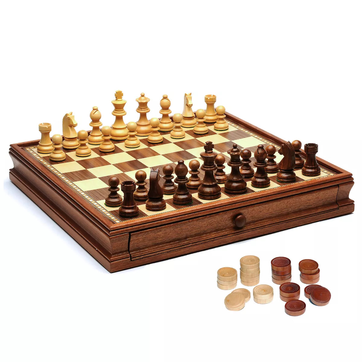 French Staunton Chess & Checkers Set with Storage Drawers – 15 in.