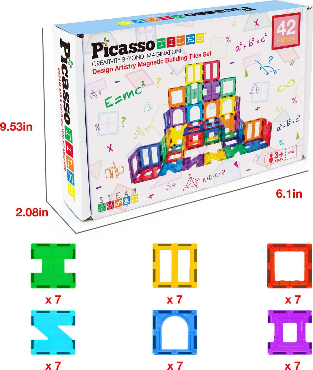 PicassoTiles 42pc Magnet Building Tiles 6 Different Shapes