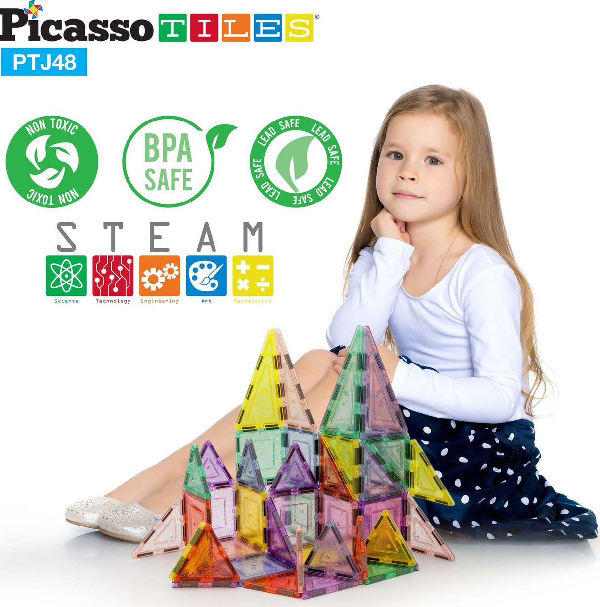 PicassoTiles Magnetic Tiles Building Set with Glitter Tiles