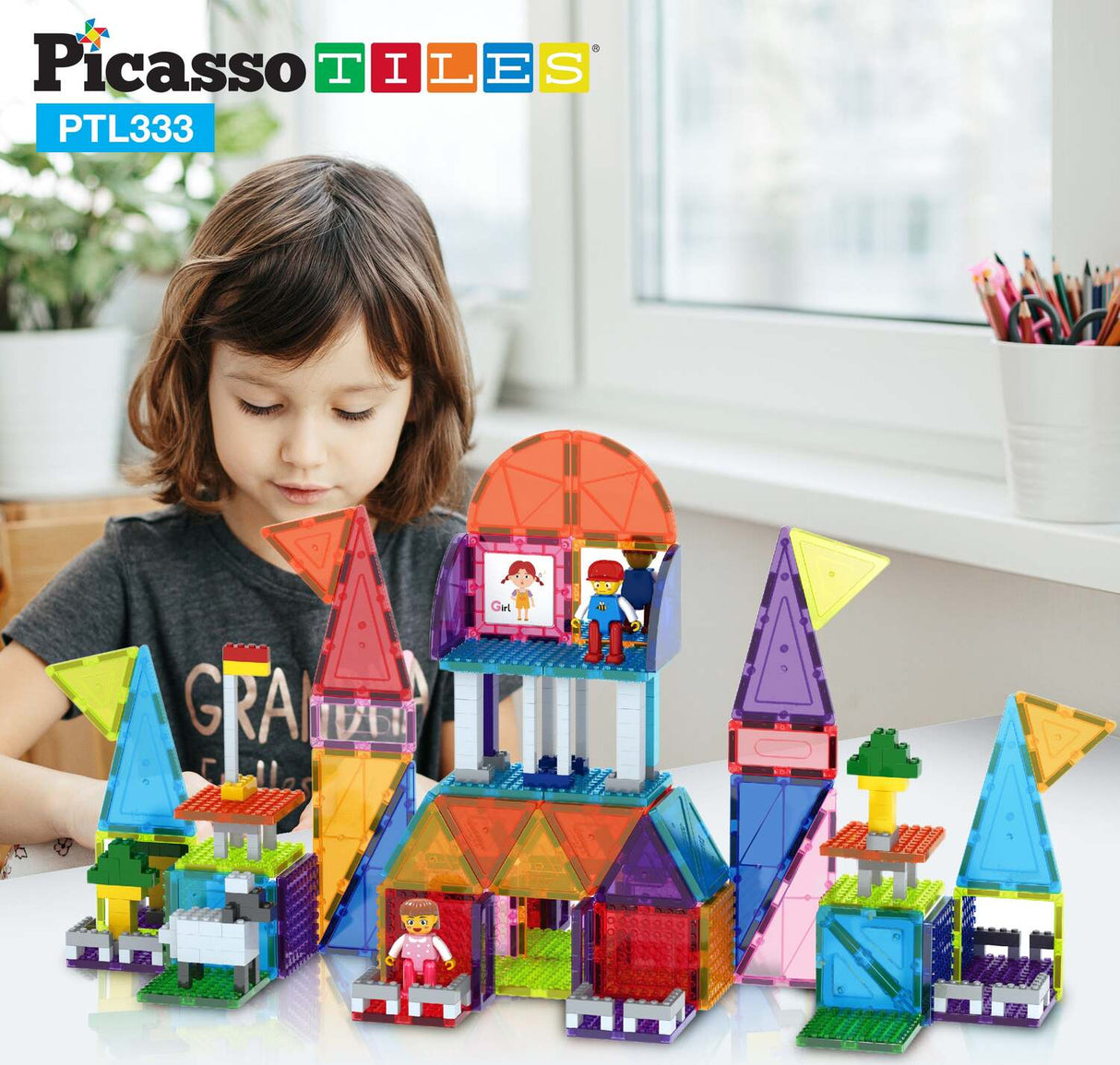 PicassoTiles 333pcs Magnetic Brick Tile and Magnetic Tile Combo Set