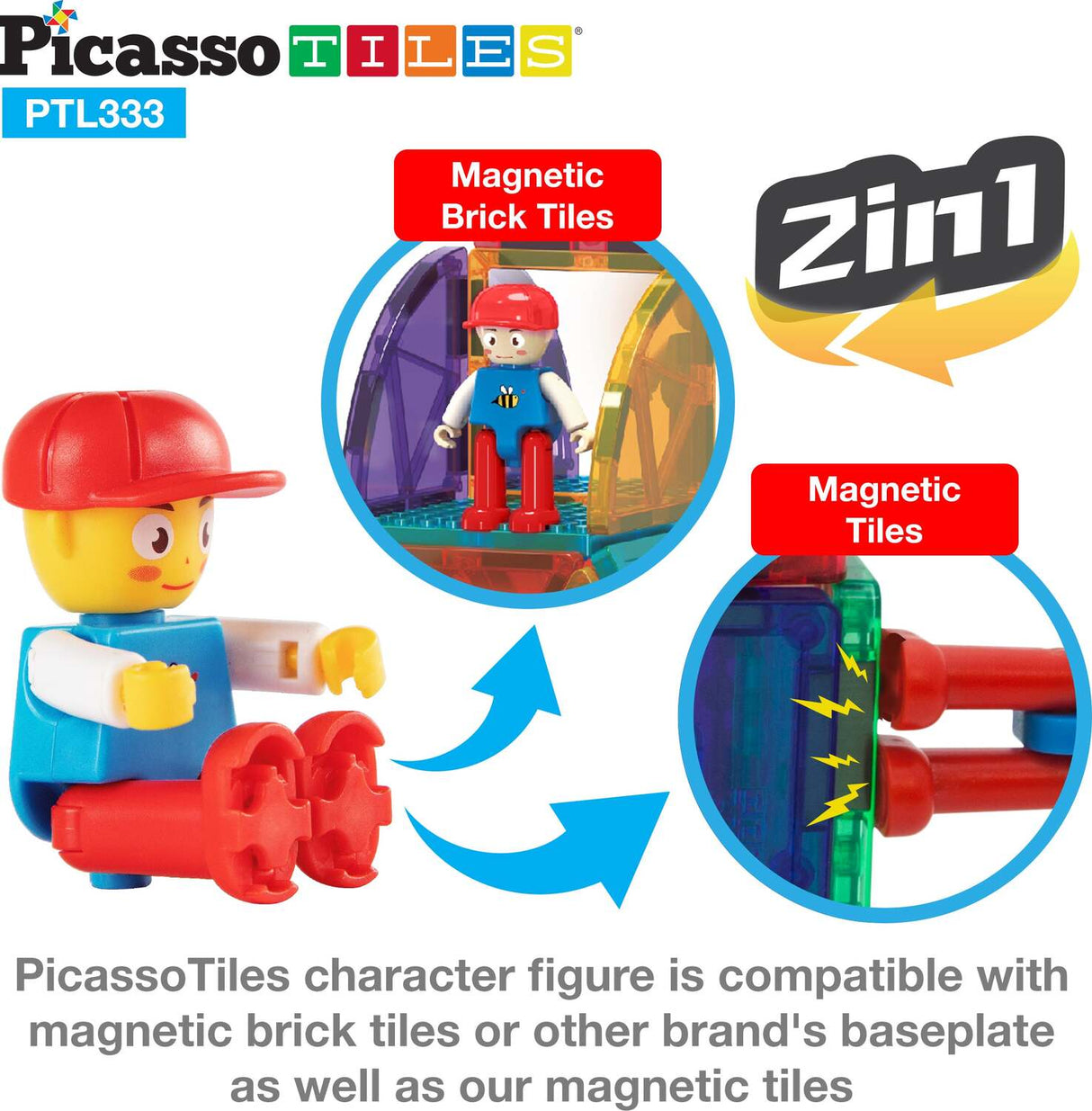 PicassoTiles 333pcs Magnetic Brick Tile and Magnetic Tile Combo Set