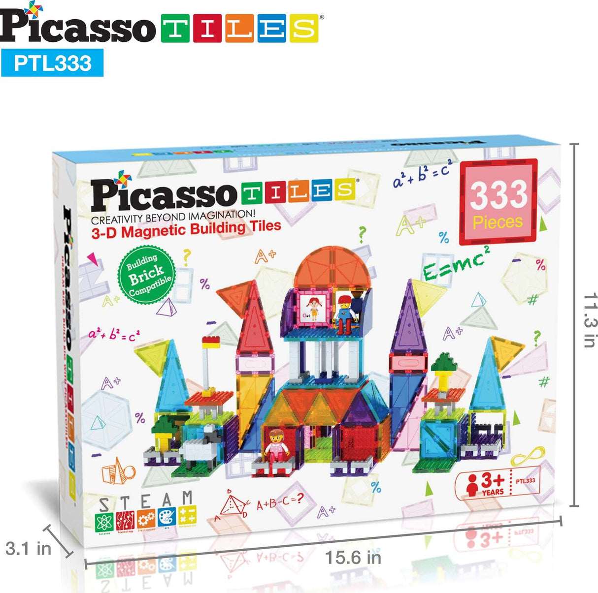 PicassoTiles 333pcs Magnetic Brick Tile and Magnetic Tile Combo Set