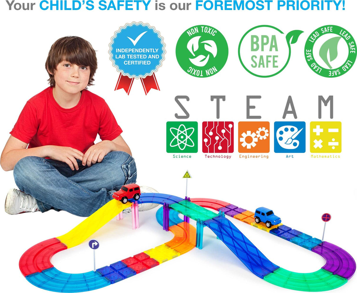 PicassoTiles Magnetic Race Car Track Building Set with Trucks